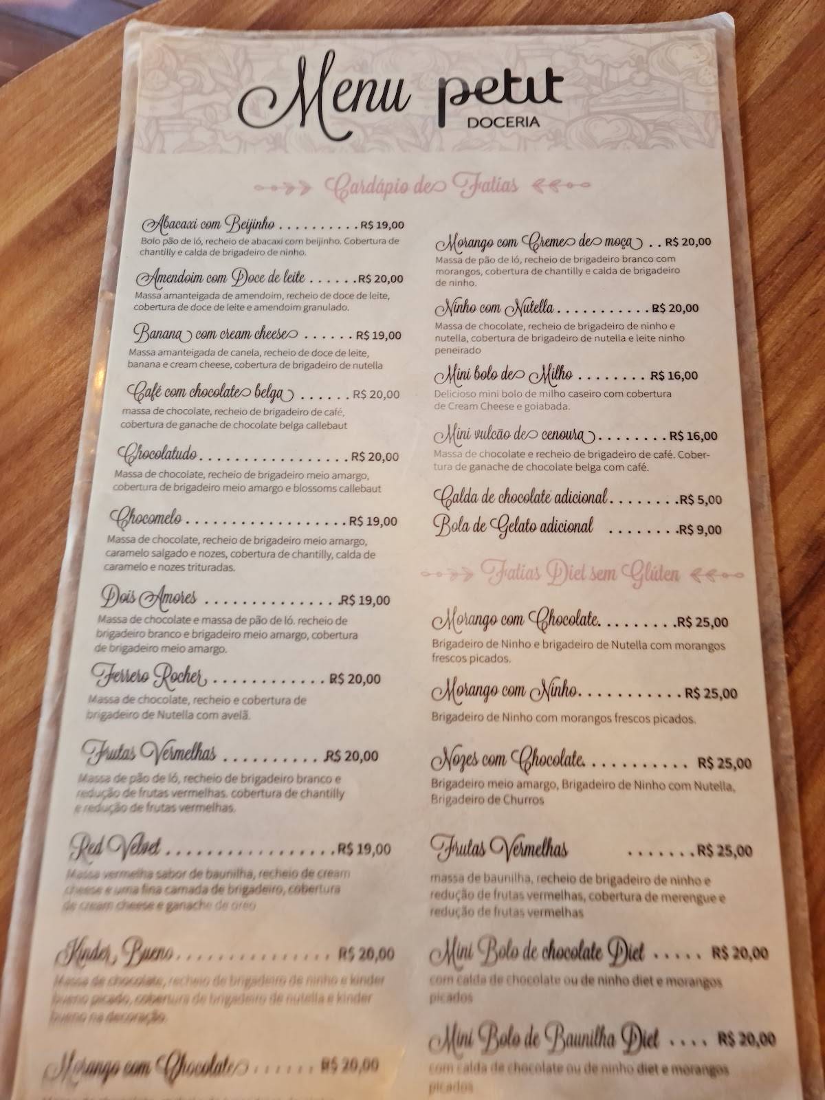 Petit Doceria cardápio