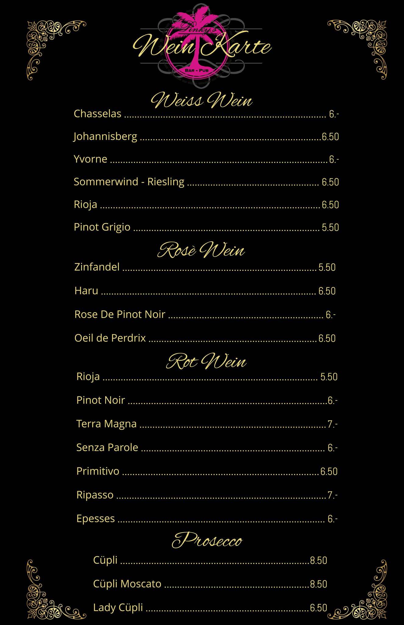 Menu di Pinky's Bar Pub Lyss 