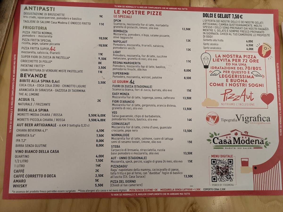 Menu di PizzAut Monza 