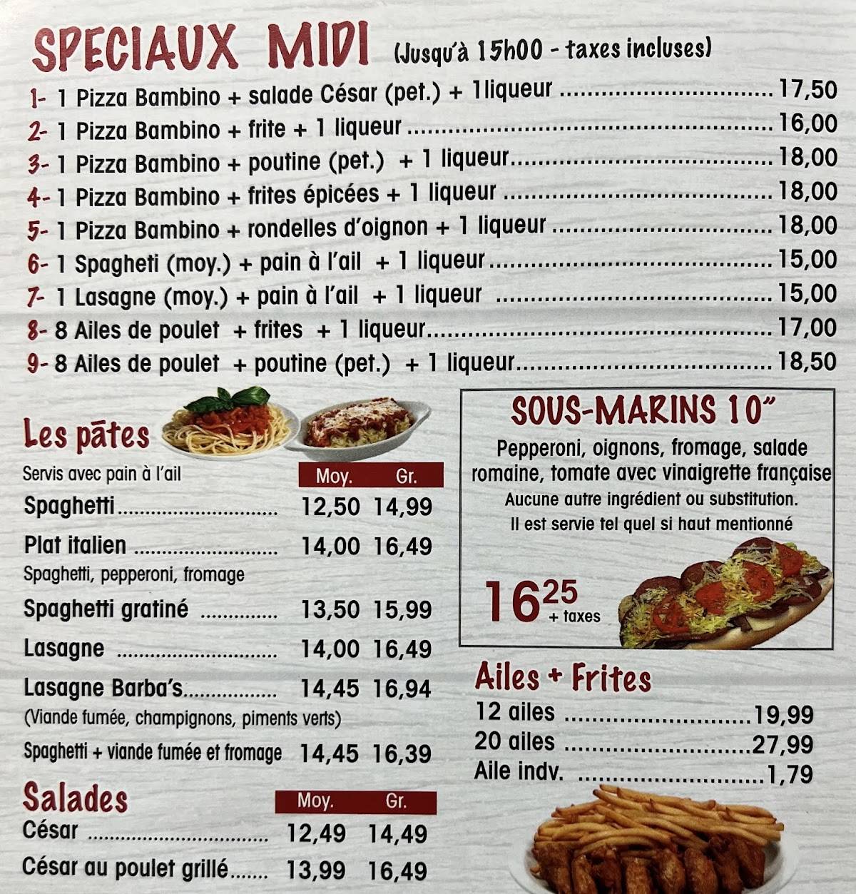 Menu de Pizza Barbas l'Assomption