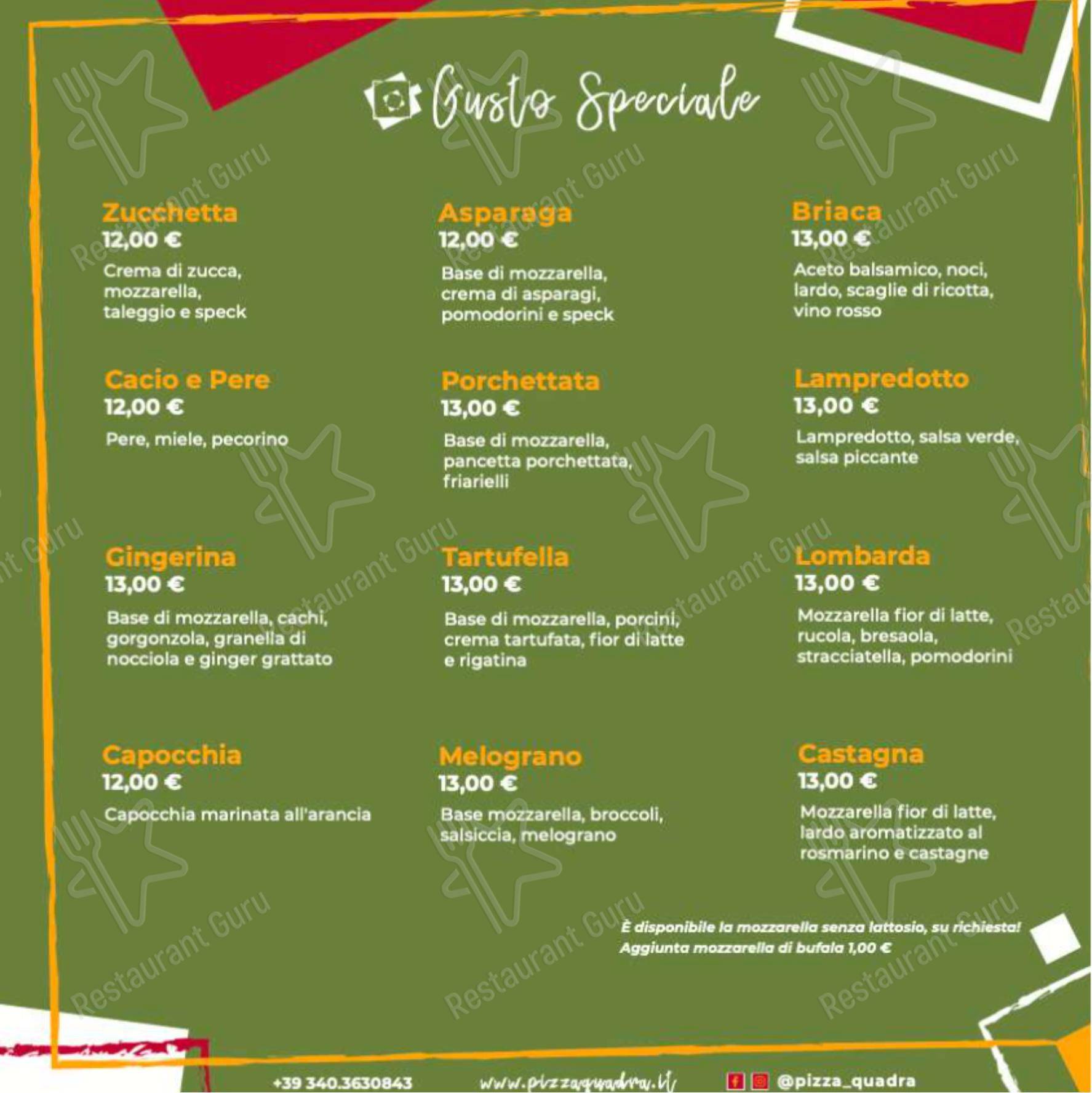Menu per Pizza Quadra ristorante