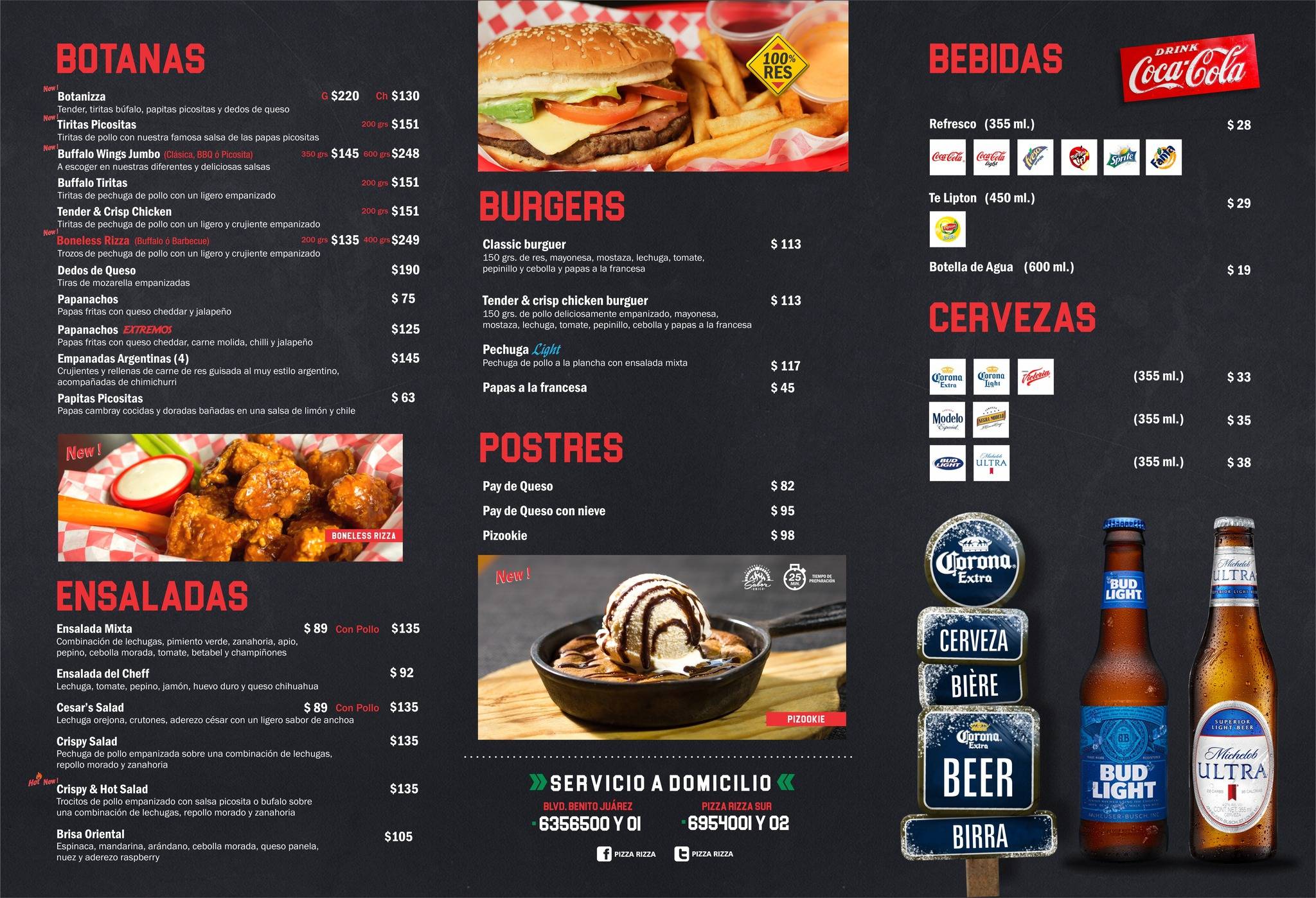 Carta de pizzería Pizza Rizza, Monclova, Boulevard Benito Juárez