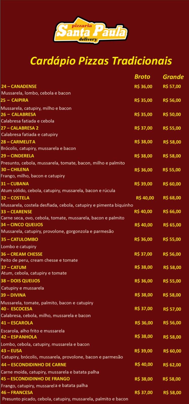 Pizzaria Santa Paula cardápio