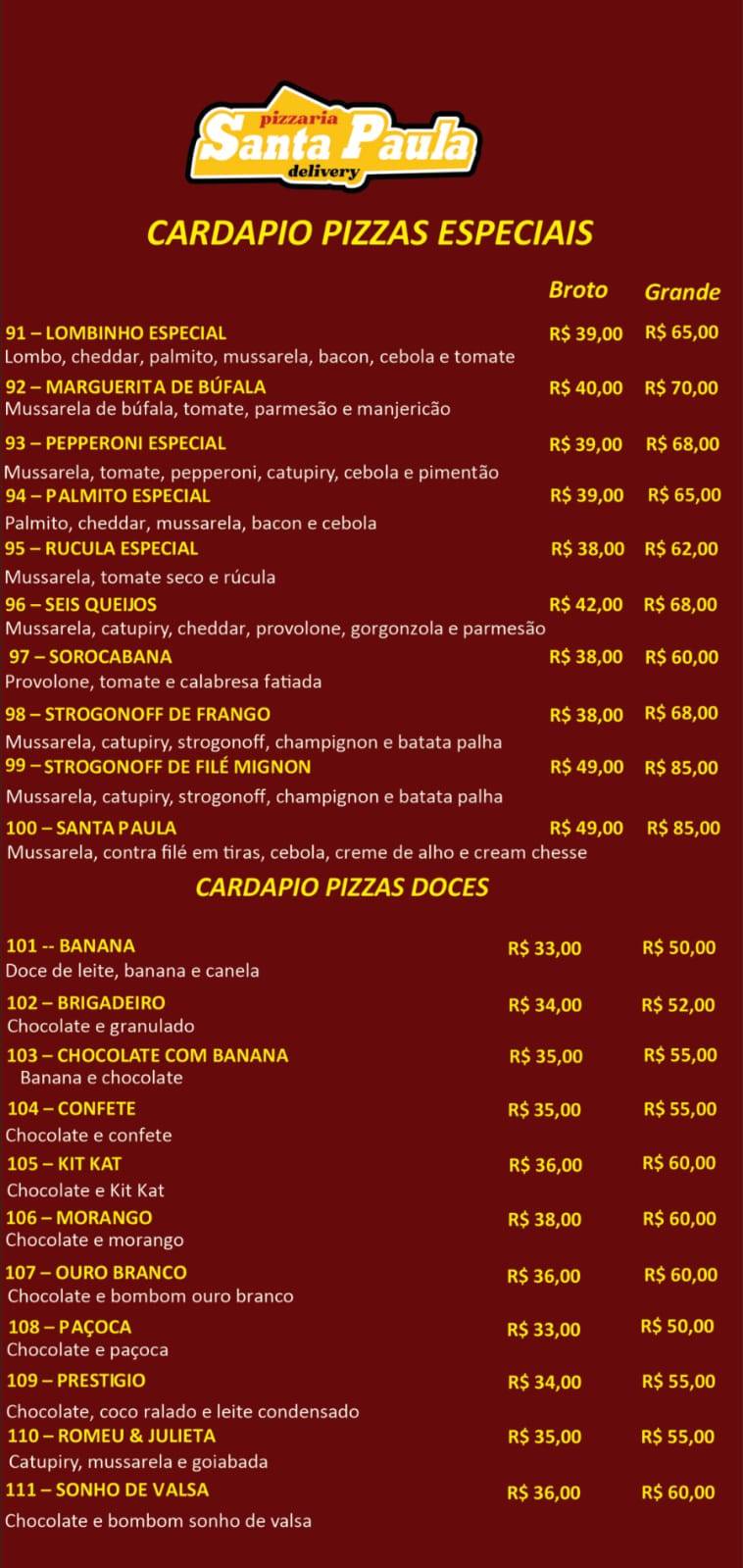 Pizzaria Santa Paula cardápio