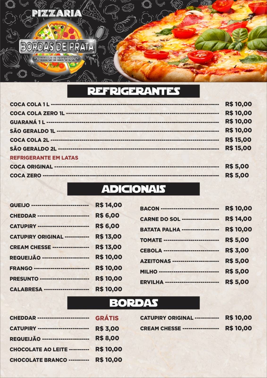 Pizzaria bordas de prata cardápio
