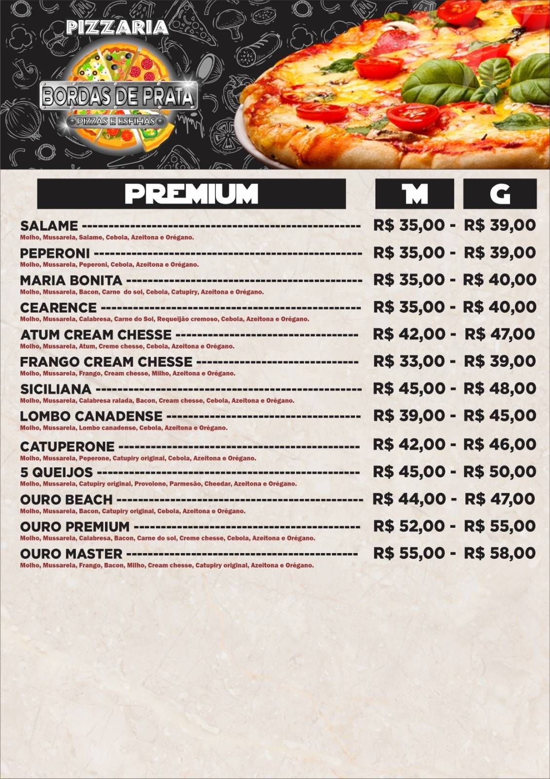 Pizzaria bordas de prata cardápio