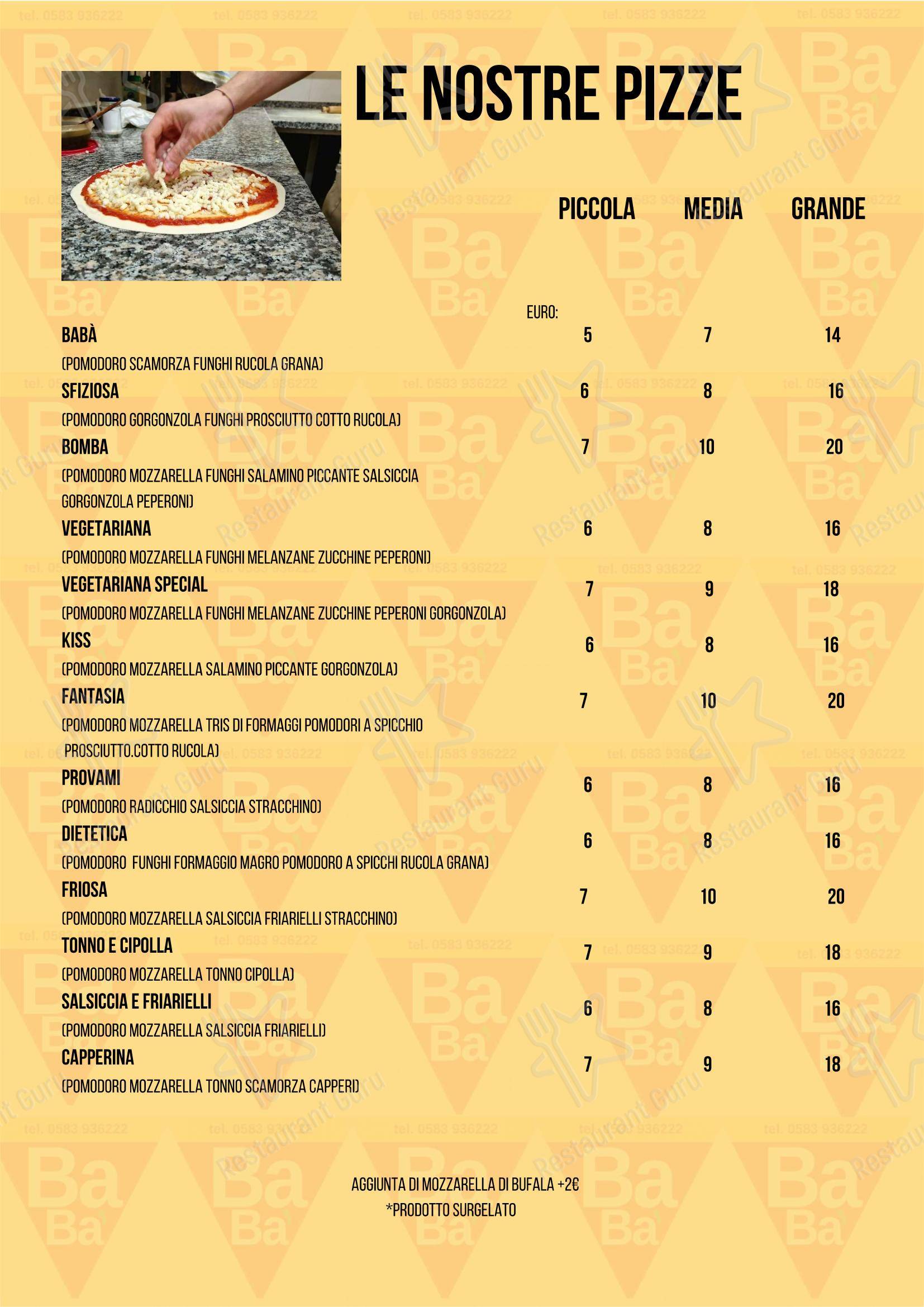 Menu bar per Pizzeria Babà pizzeria