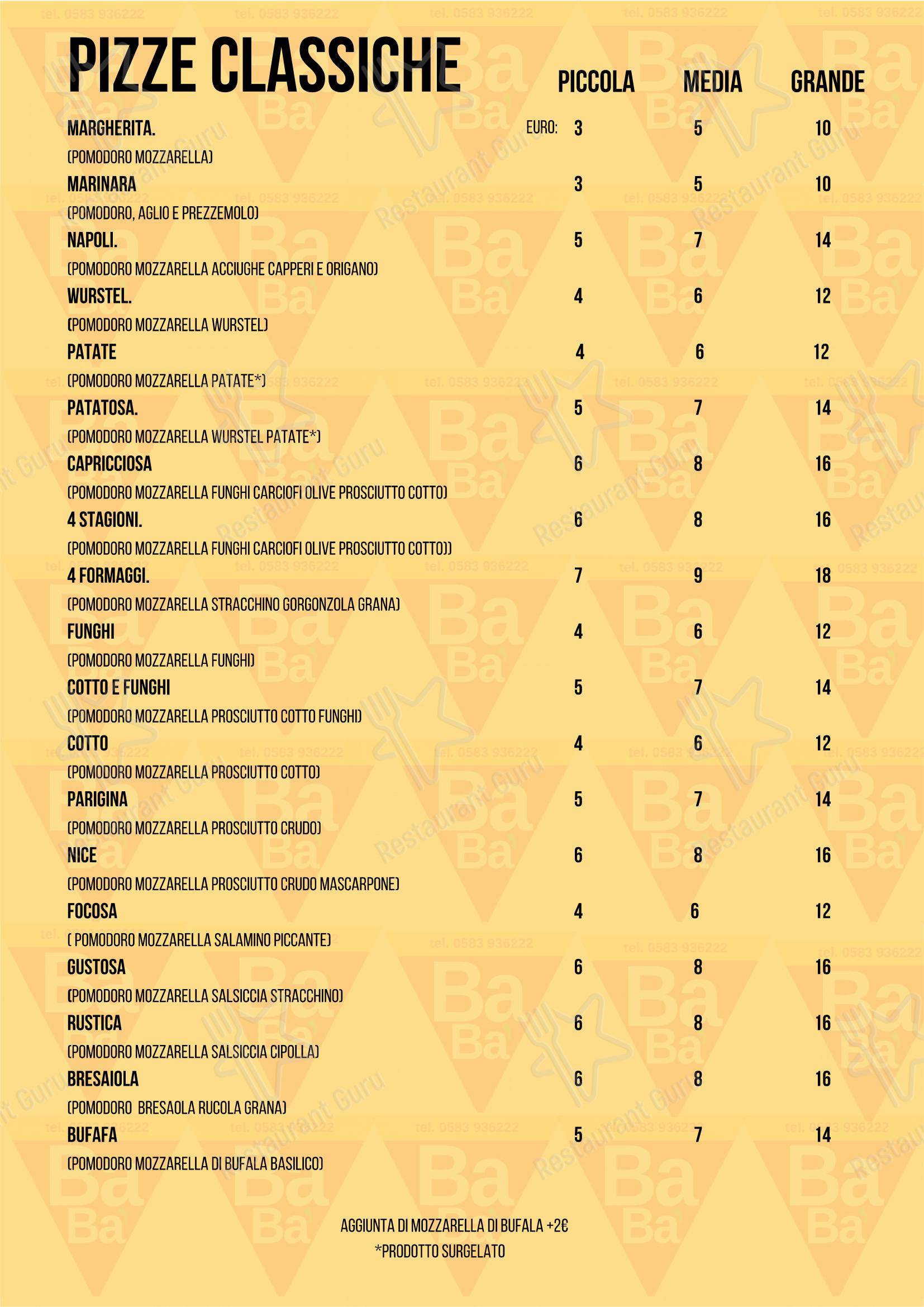 Menu bar per Pizzeria Babà pizzeria