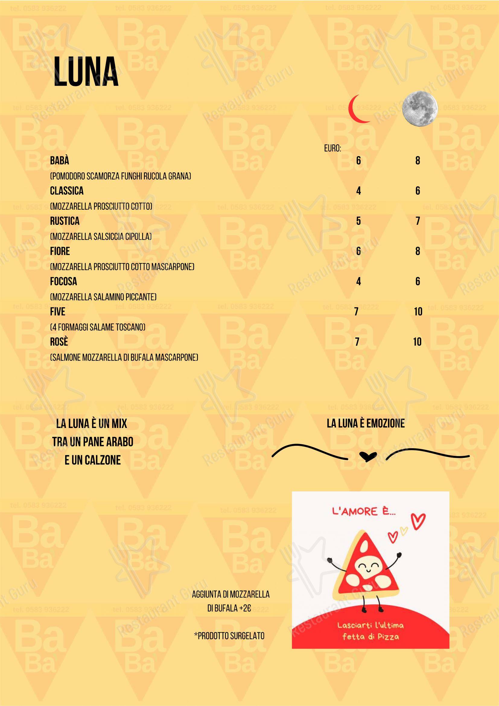 Menu bar per Pizzeria Babà pizzeria