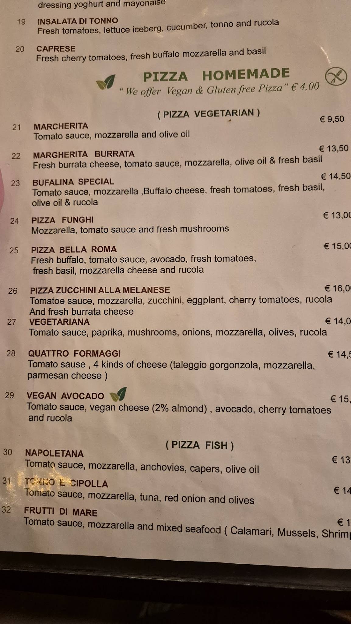 Menu de Pizzeria Bella Roma Amsterdam