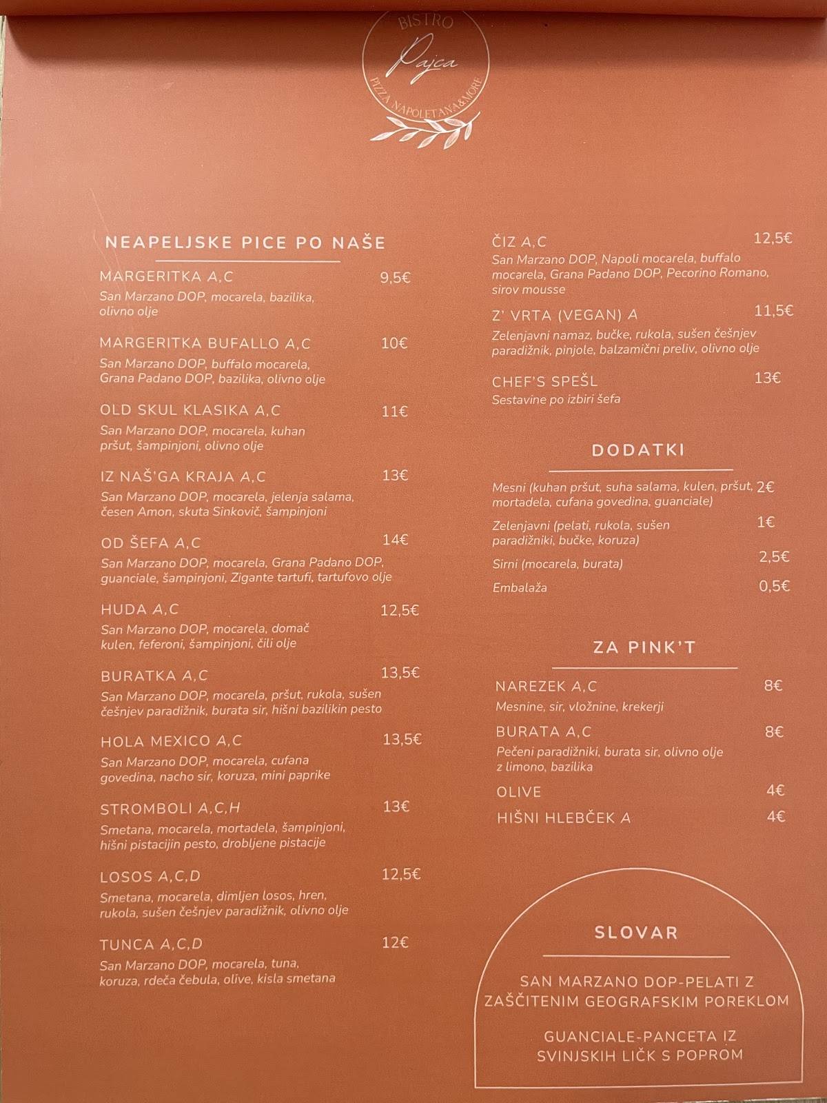 Menu di Picerija Pajca 