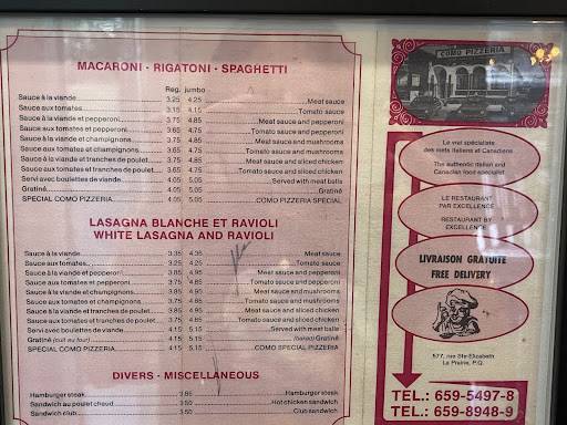 Menu de Como Pizzeria