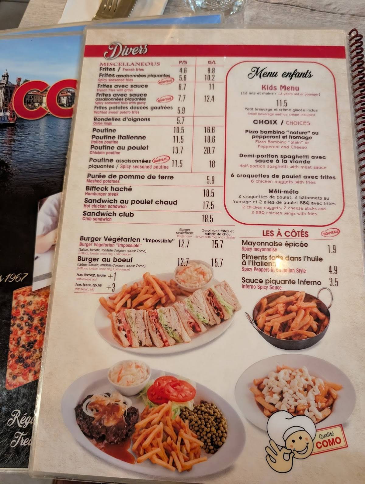 Menu de Como Pizzeria
