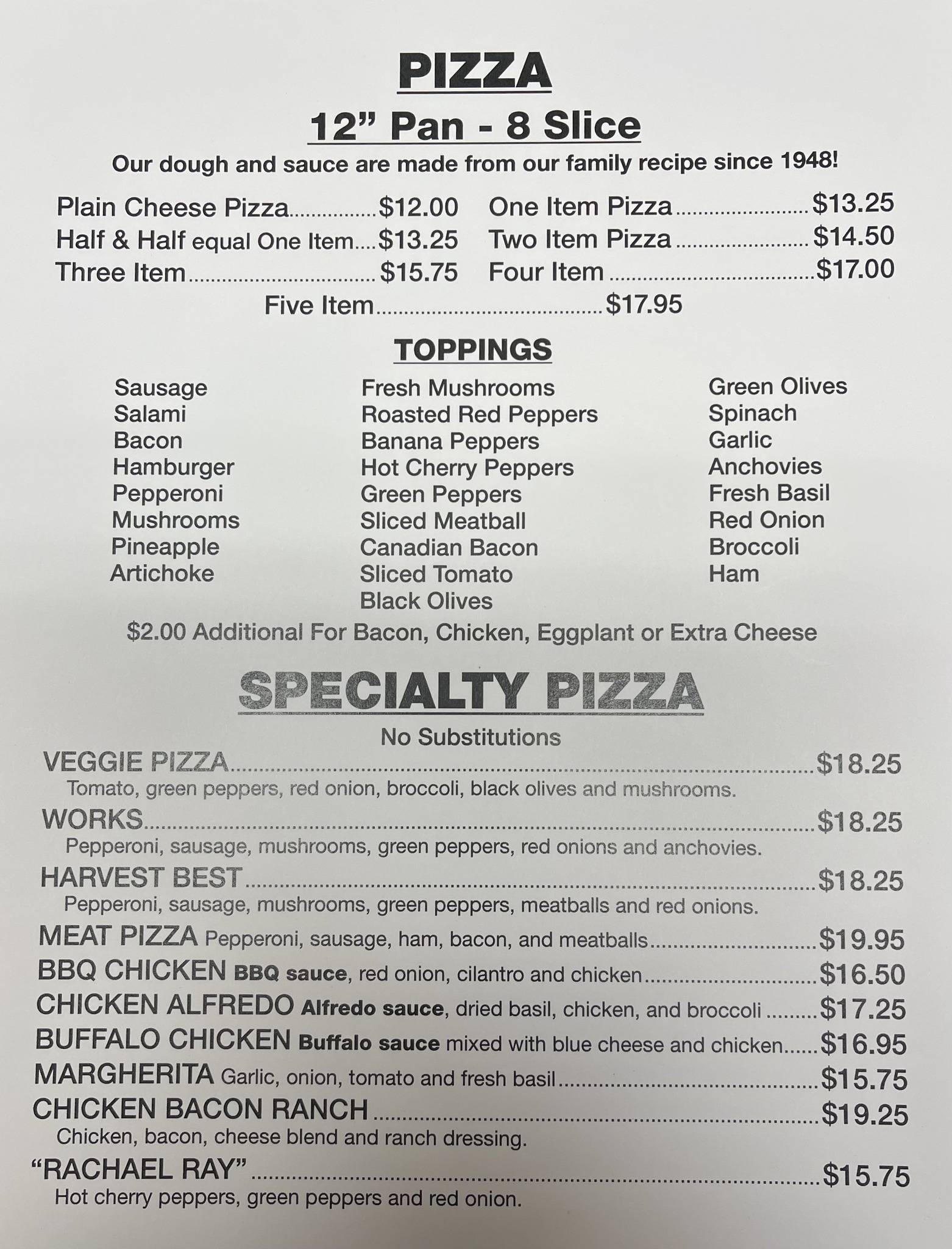Menu at Harvest pizzeria, Queensbury