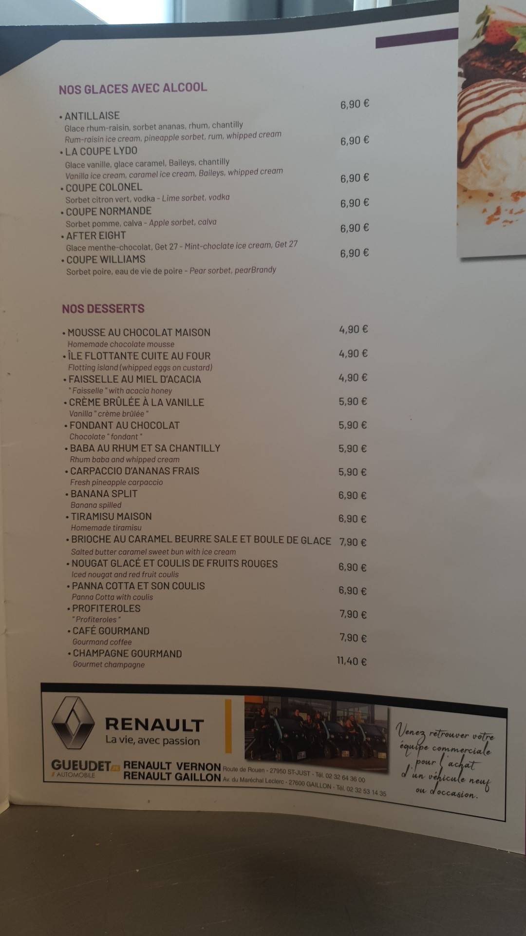 Menu de Le Lydo