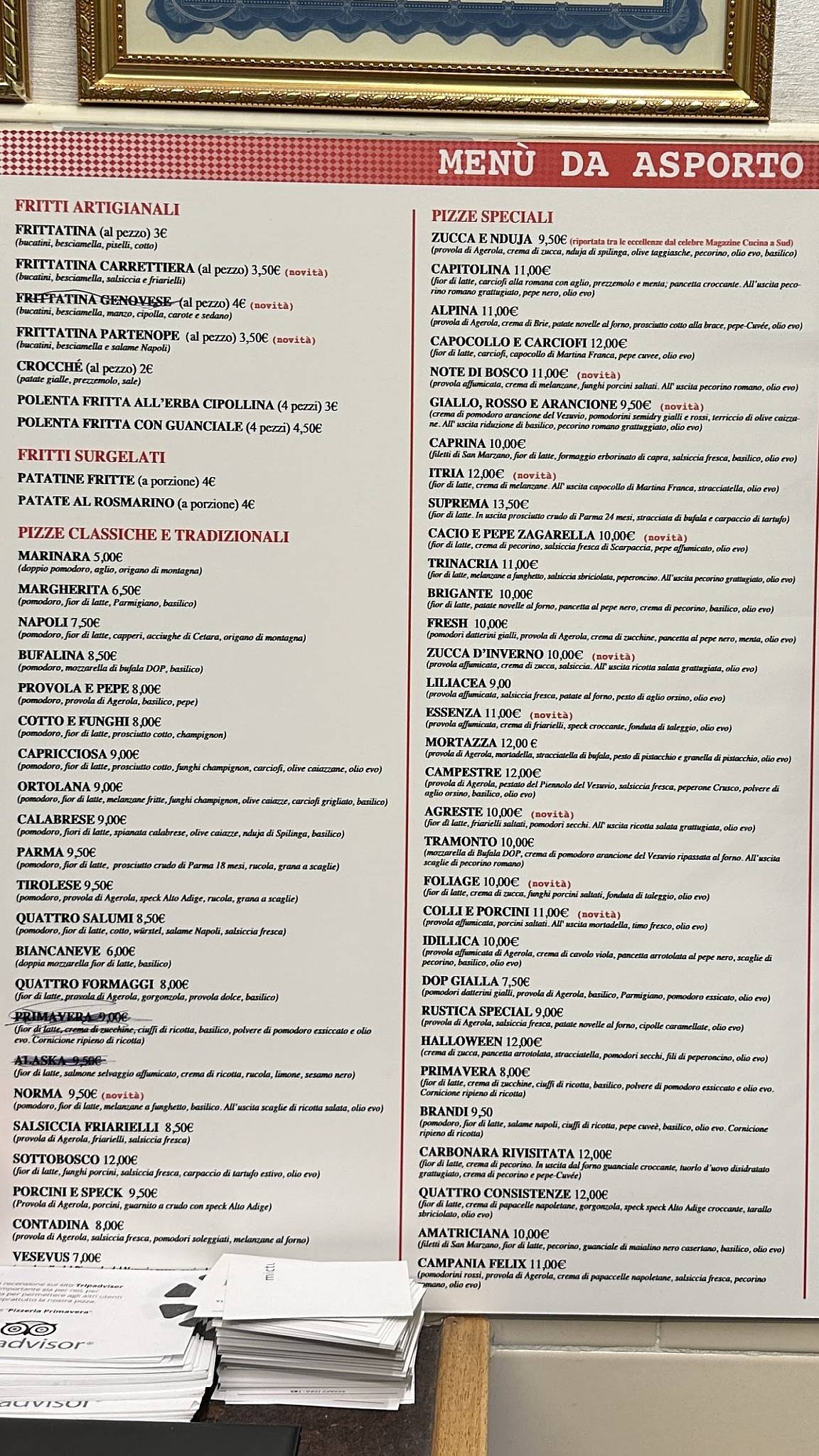 Menu di Pizzeria PRIMAVERA Firenze 