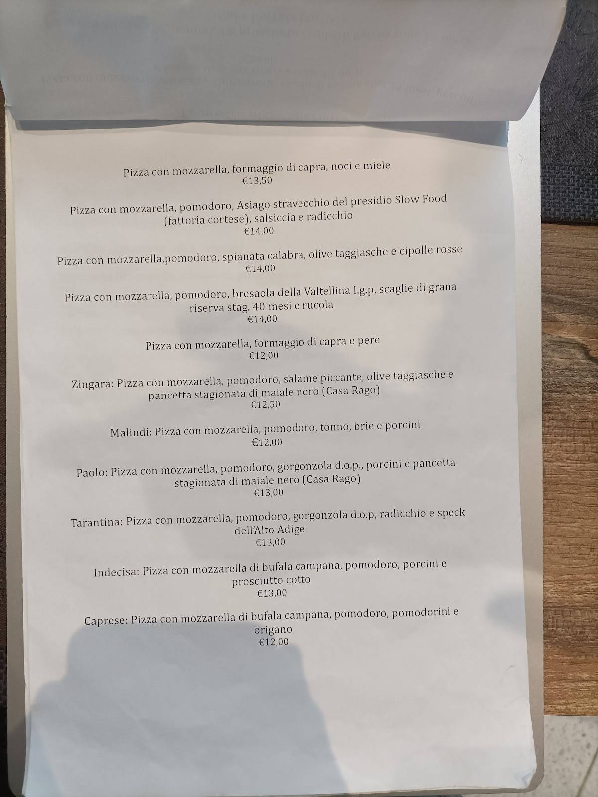 Menu di Pizzeria Piano Zero 