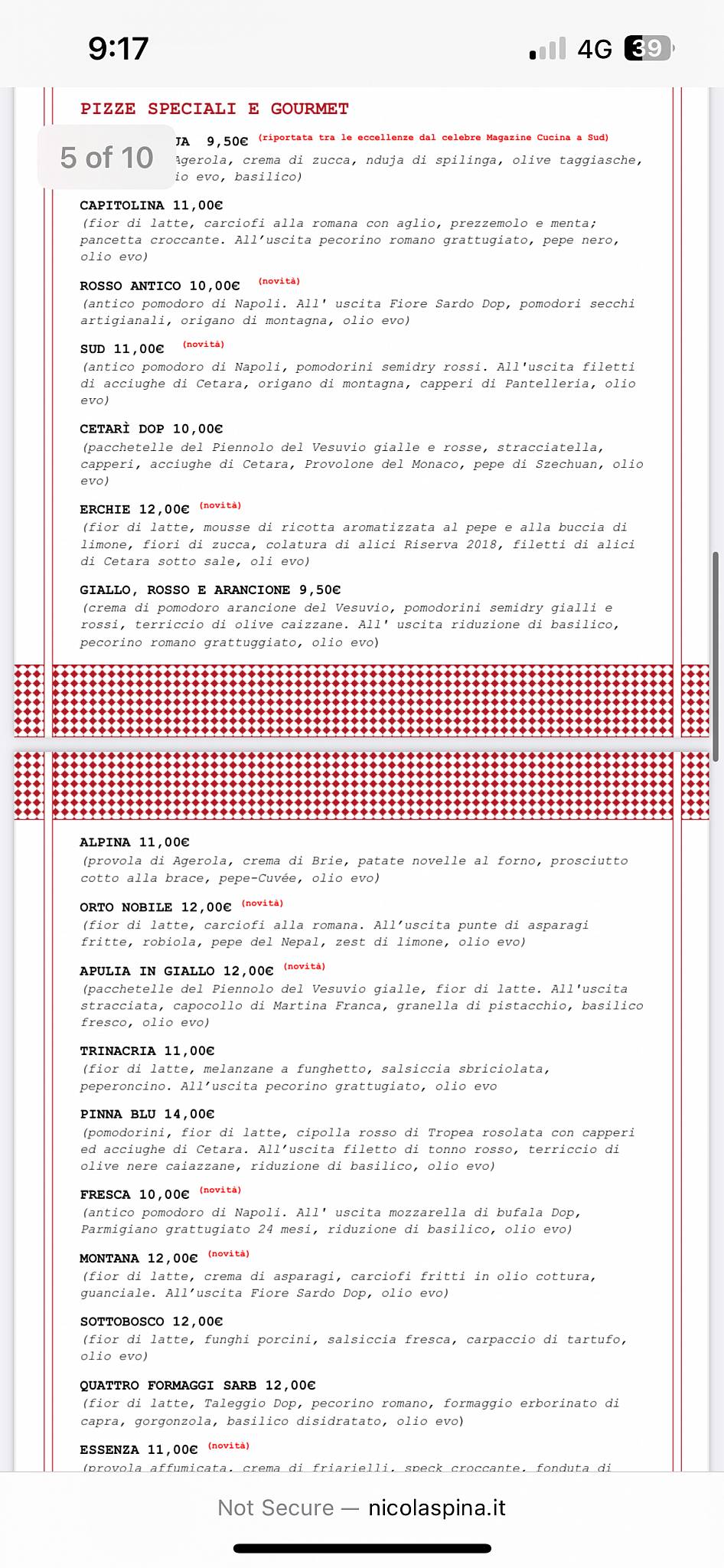 Menu di Pizzeria PRIMAVERA Firenze 