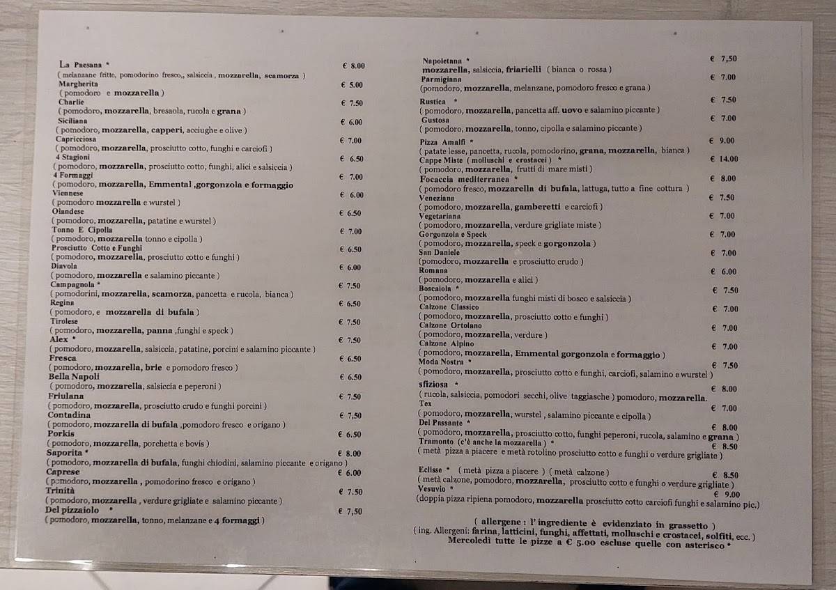 Menu di Pizzeria Ristorante Charlie 