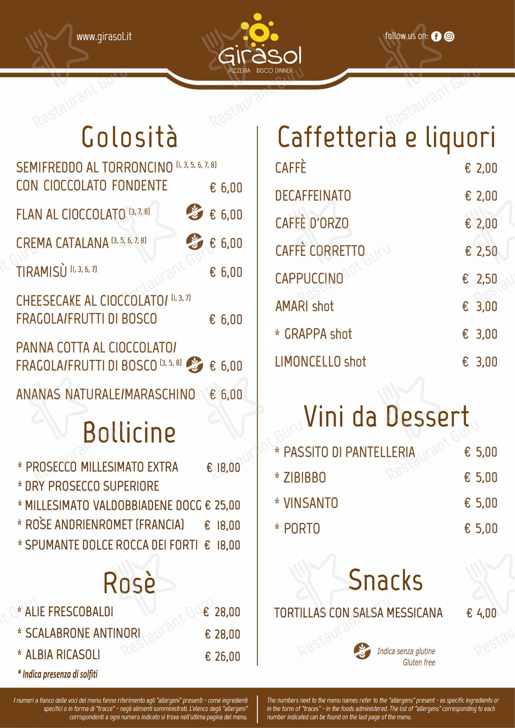 Основное меню per Pizzeria Ristorante Girasol in Firenze