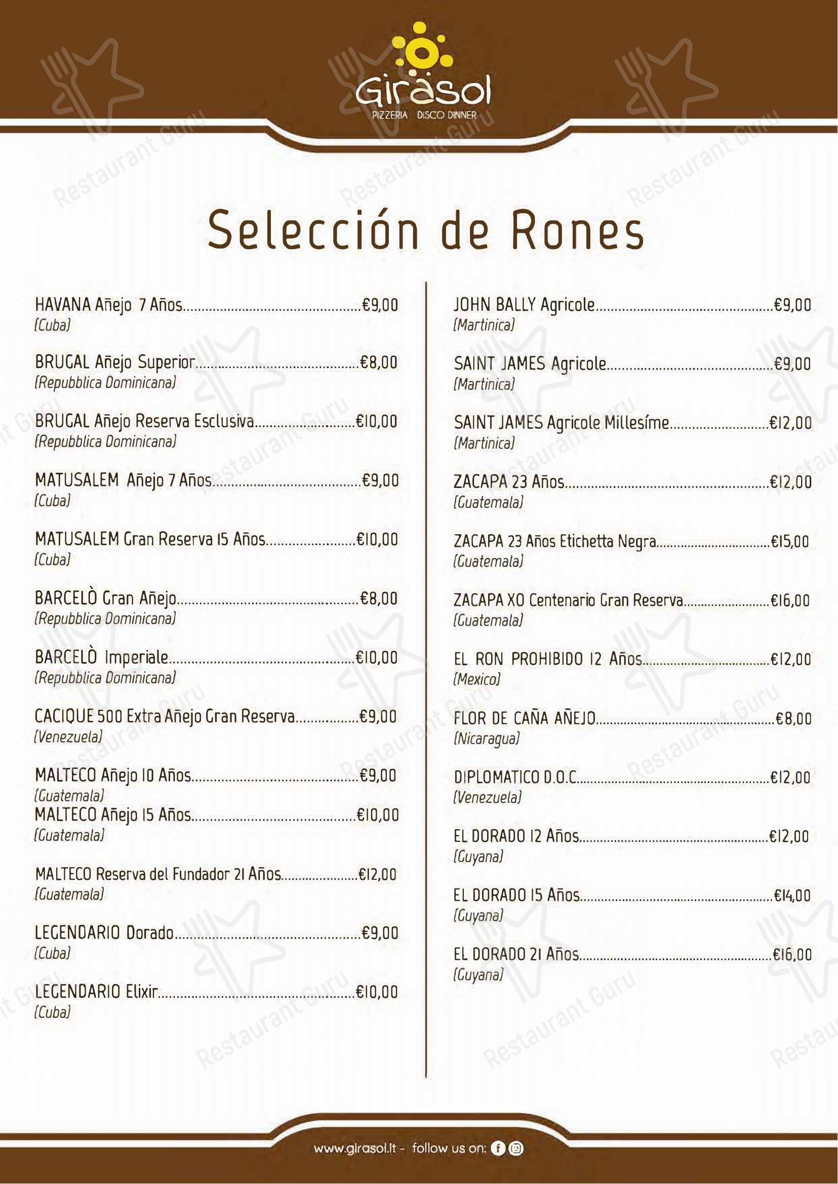 Menu di Pizzeria Ristorante Girasol - Основное меню