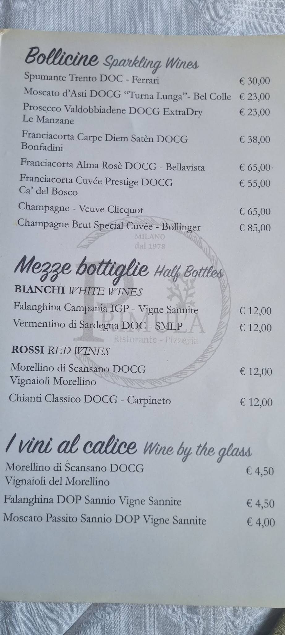 Menu di Ristorante Pizzeria La Primula 