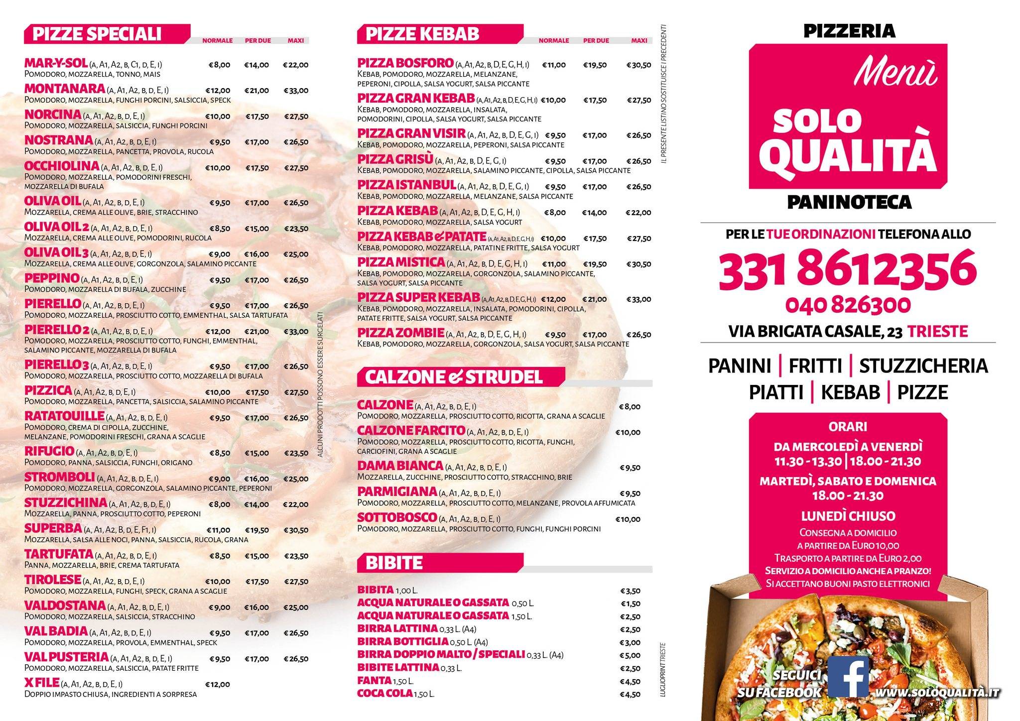 Menu di pizzeria Solo Qualità 