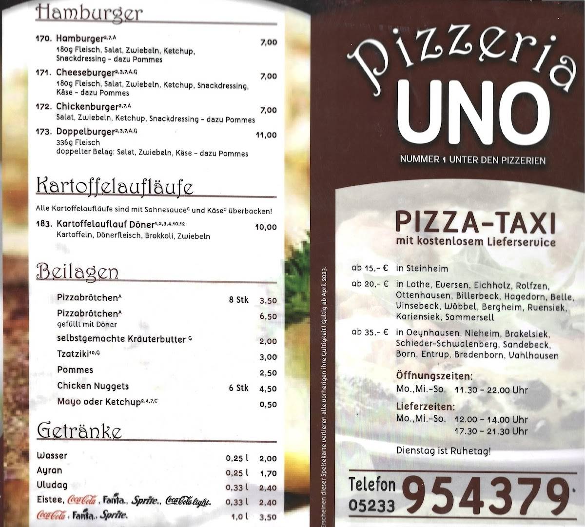 Menu at Pizzeria UNO, Steinheim