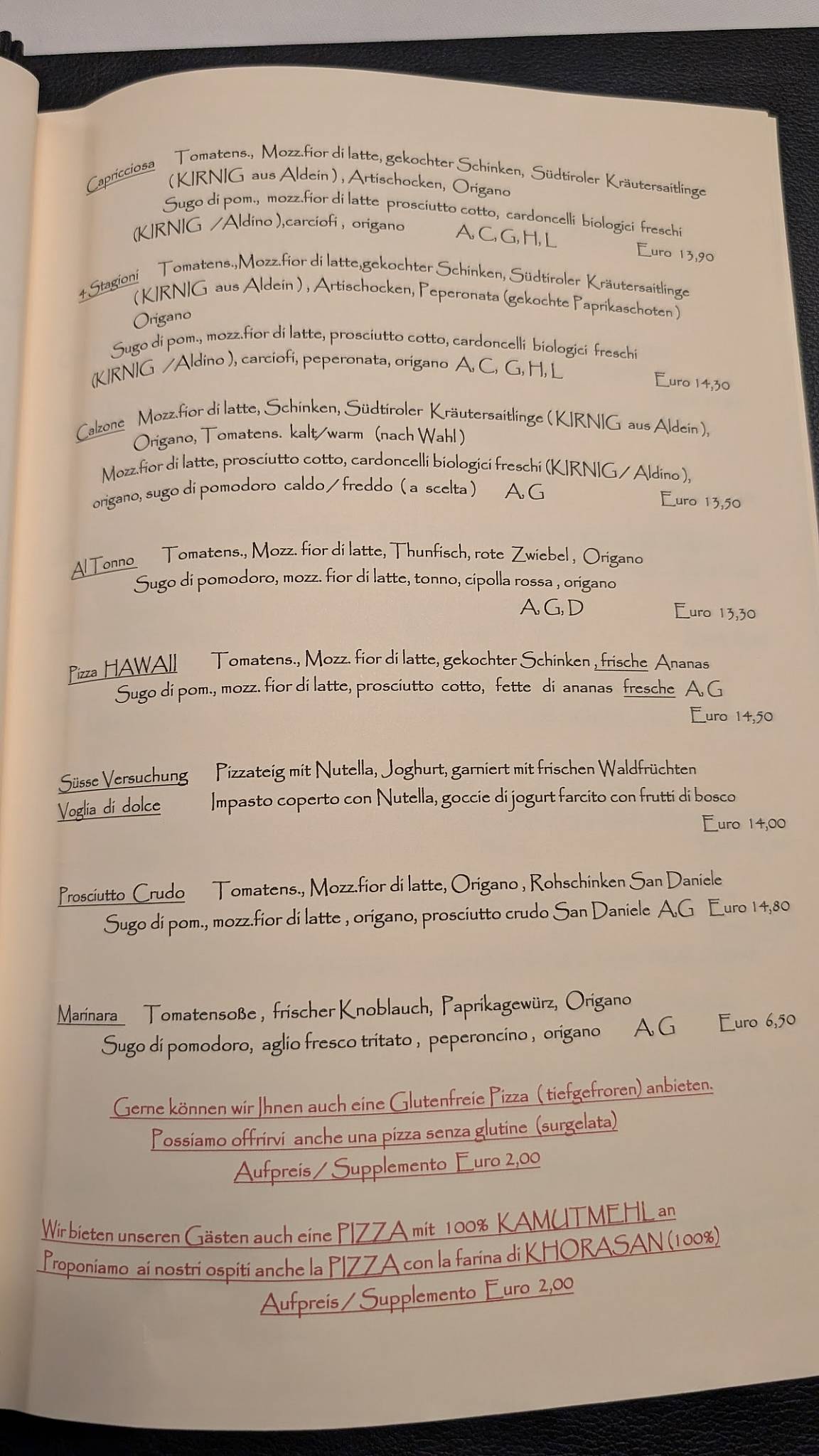 Menu di Pizzeria Zur Traube 