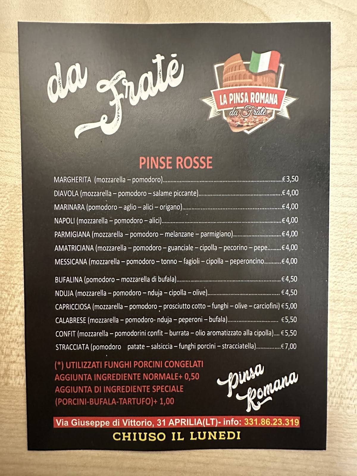 Menu di Pizzeria da Fratè 