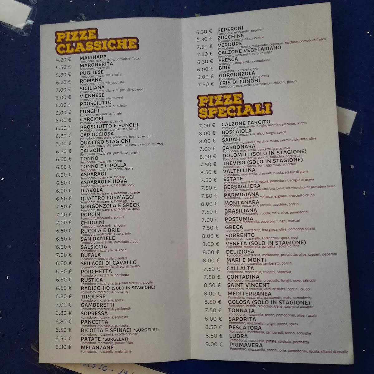 Menu di Pizzevia 