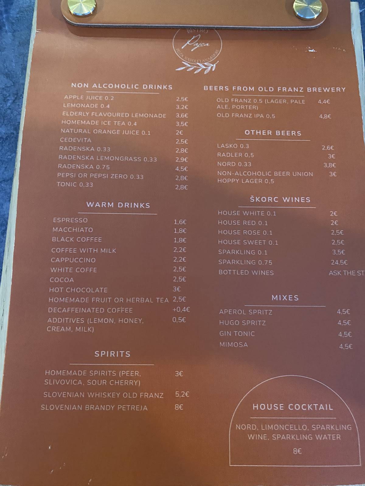 Menu di Picerija Pajca 
