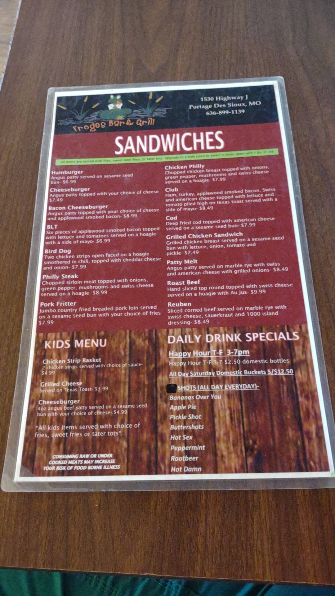 Menu at Froge's Bar & Grill, Portage Des Sioux