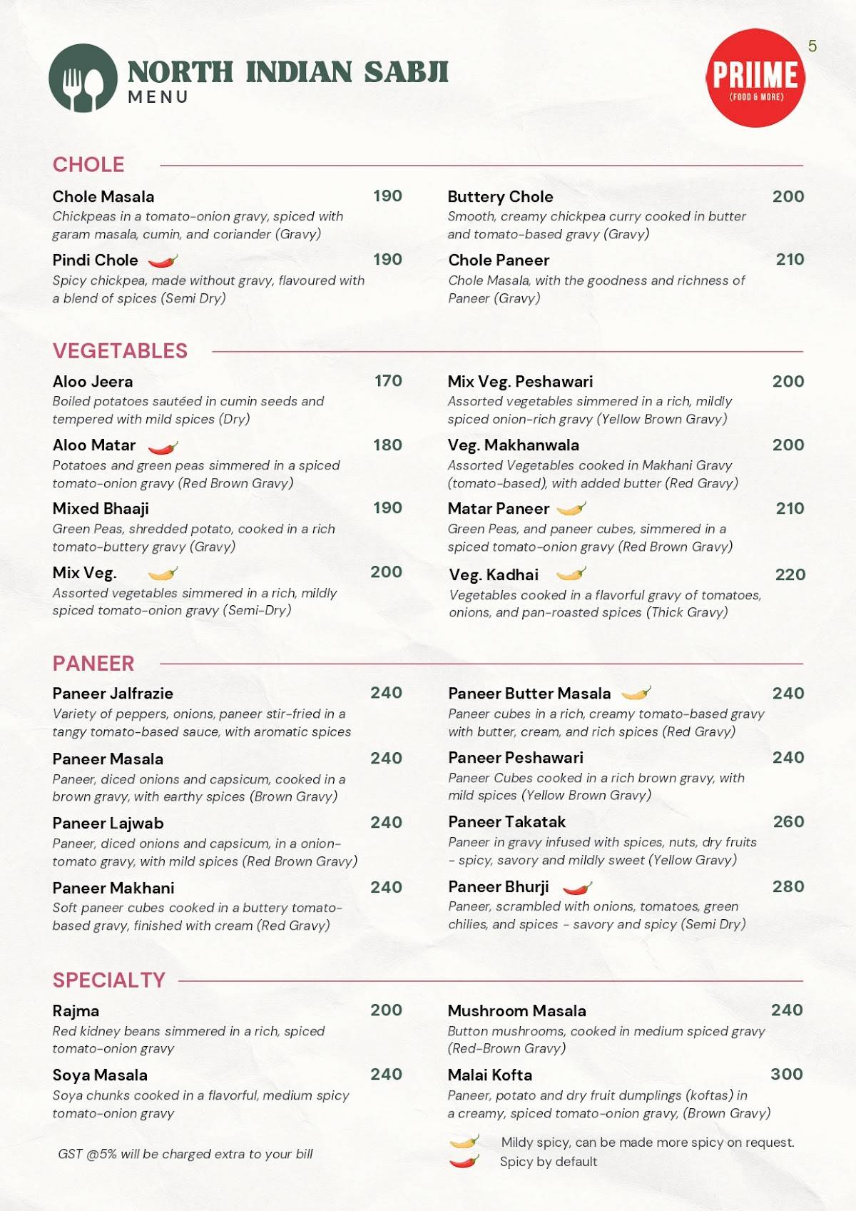 Priime (Prime Food) menu