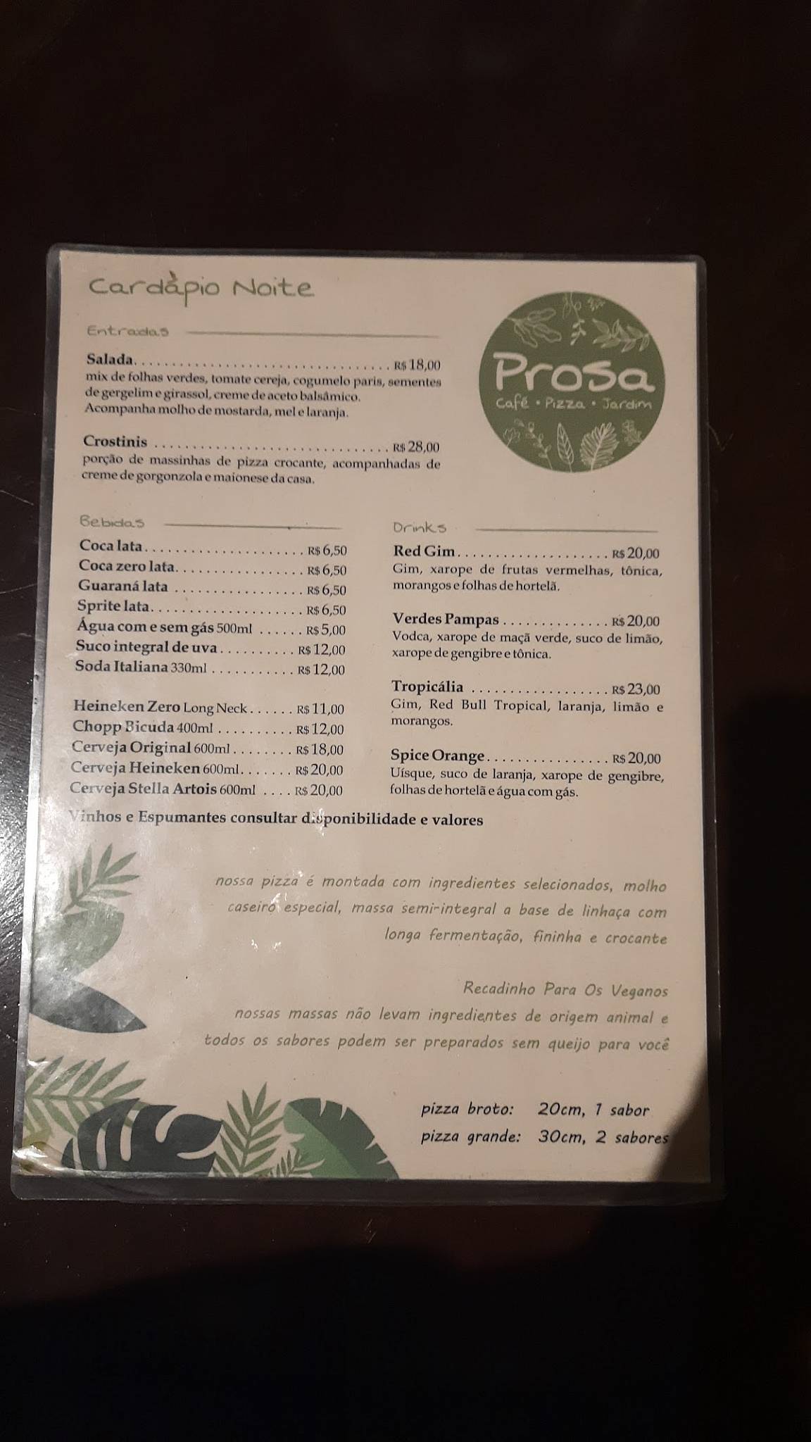 Prosa café, pizza e jardim cardápio