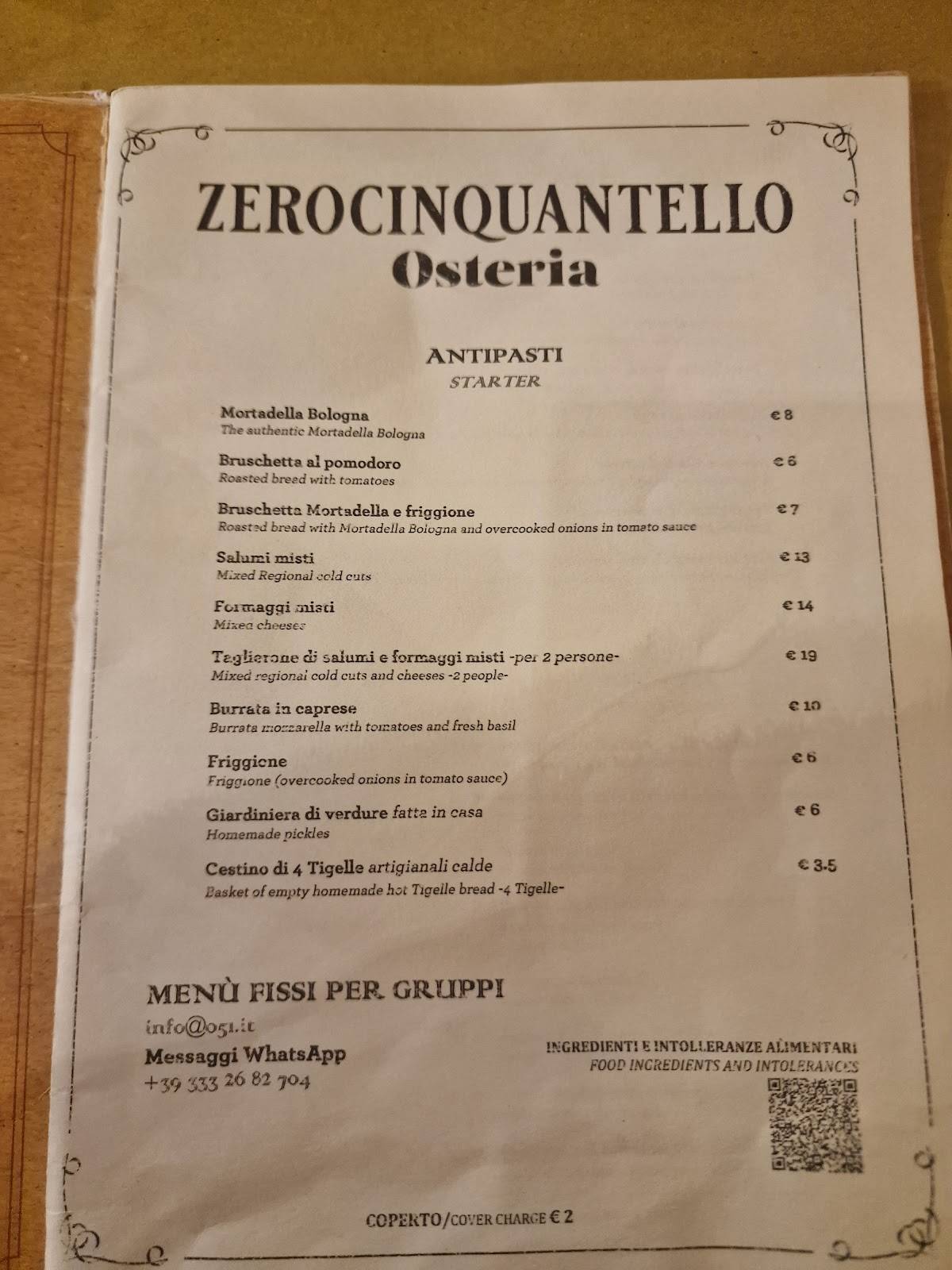 Menu di 051 Osteria Zerocinquantello 