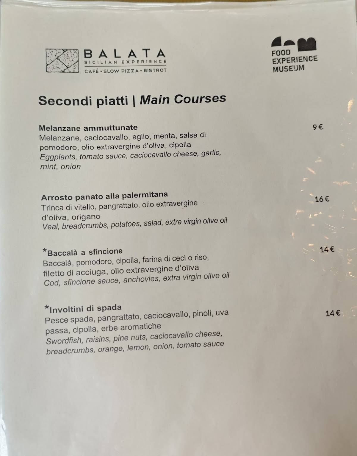 Menu di BALATA Sicilian Experience 