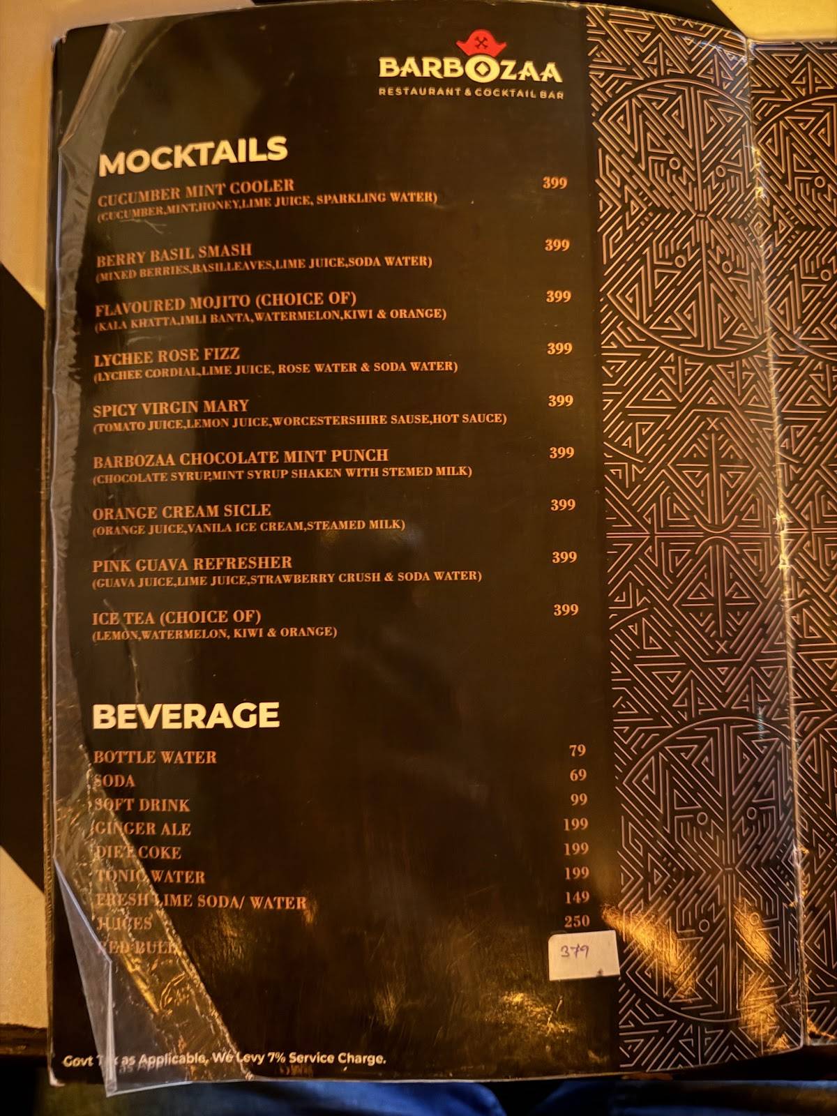 Barbozaa menu