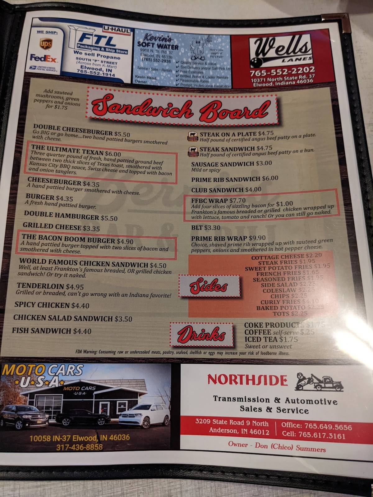 Menu at Bernie's Bar, Frankton