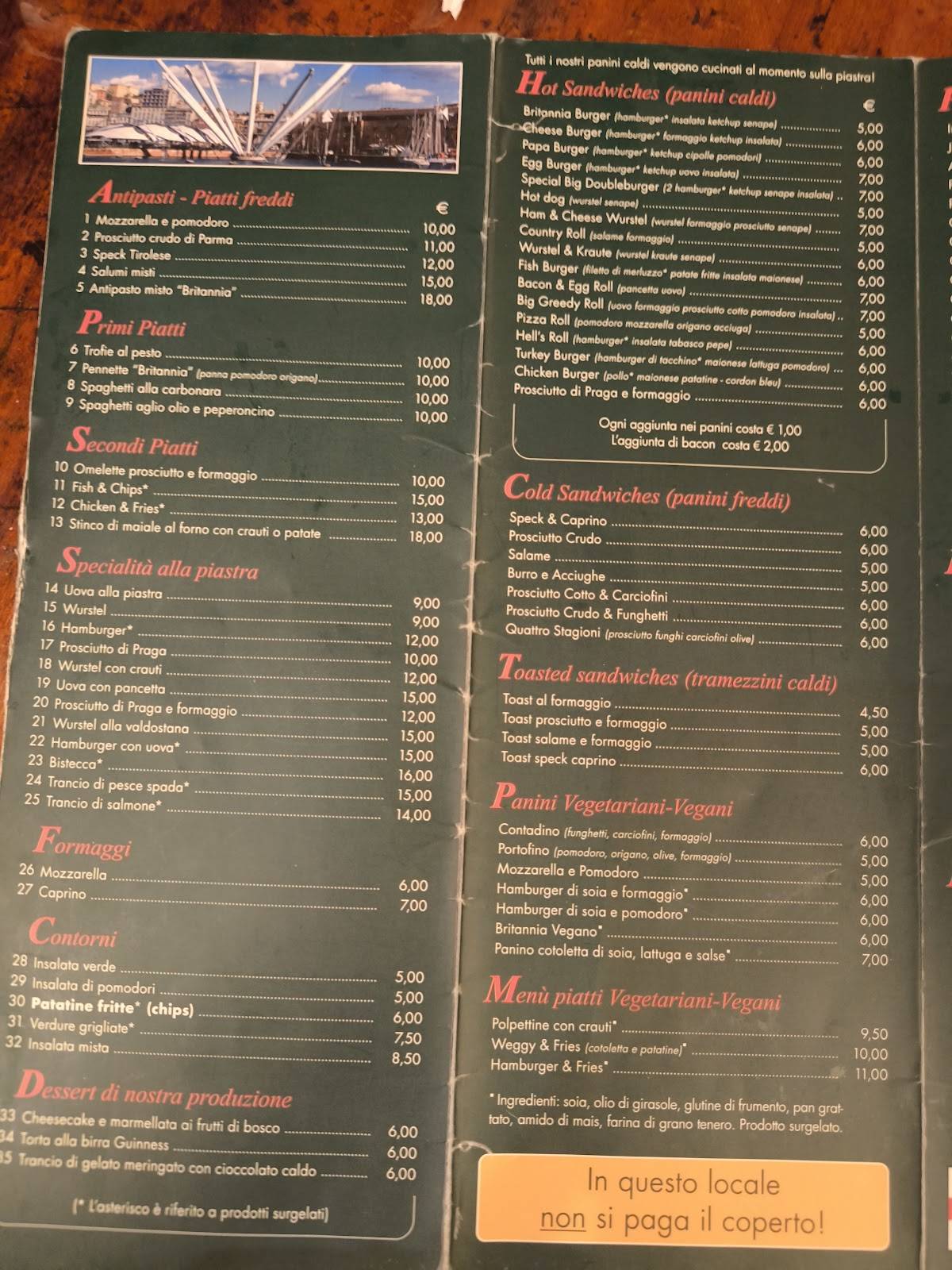 Menu di Britannia Pub Genova 