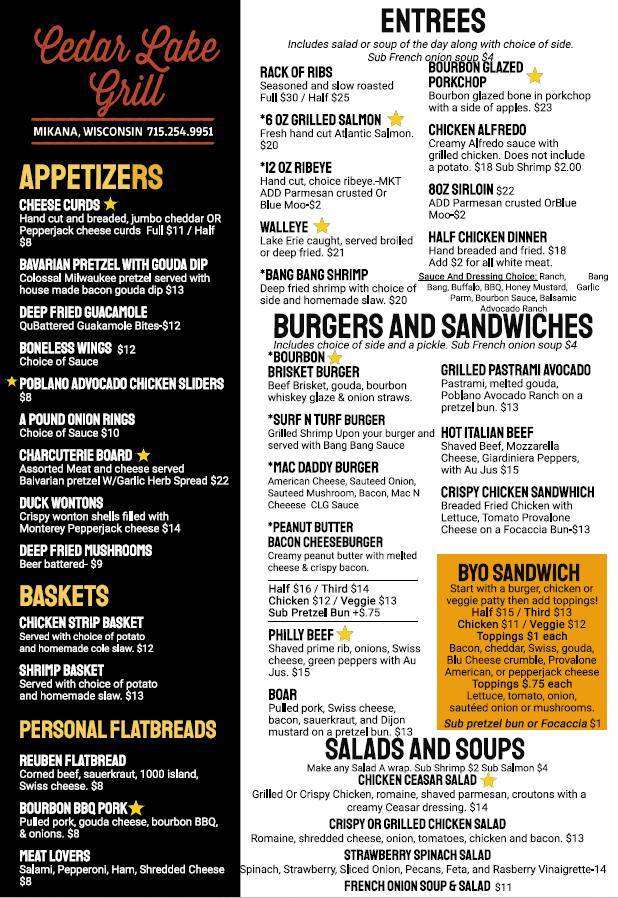 Menu at Cedar Lake Grill pub & bar, Mikana, 27th St