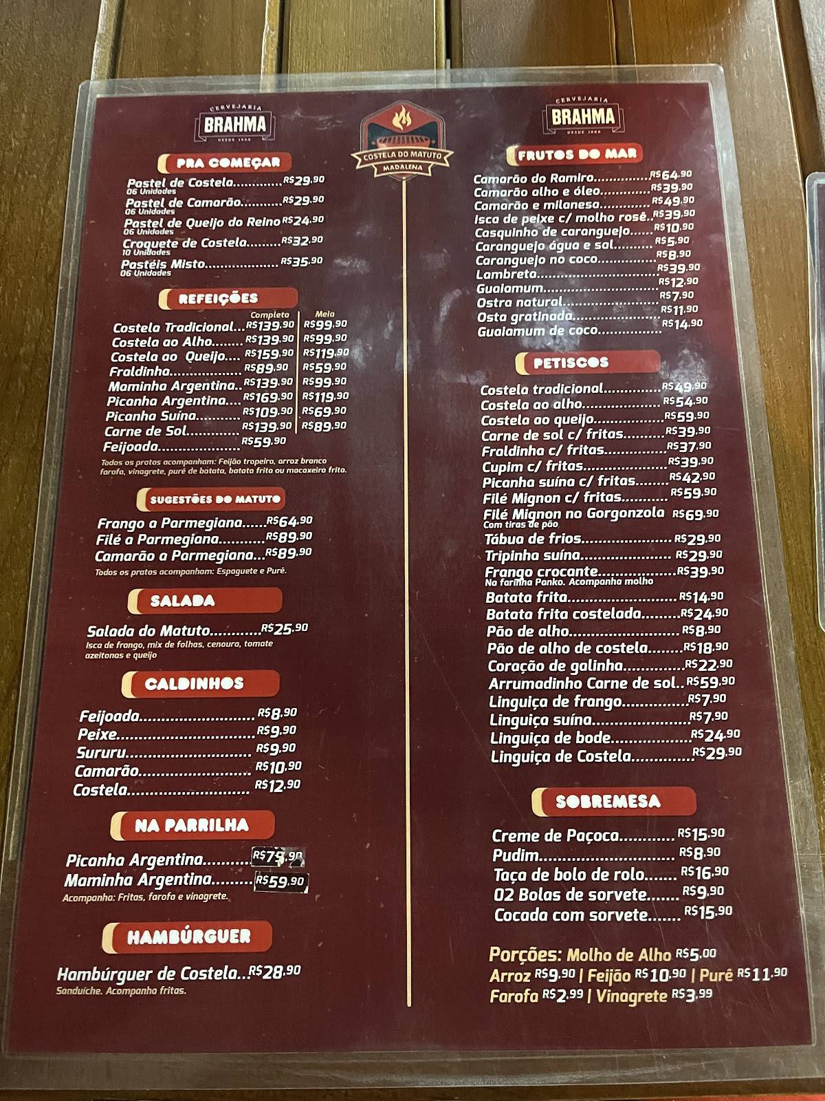 Costela do Matuto cardápio