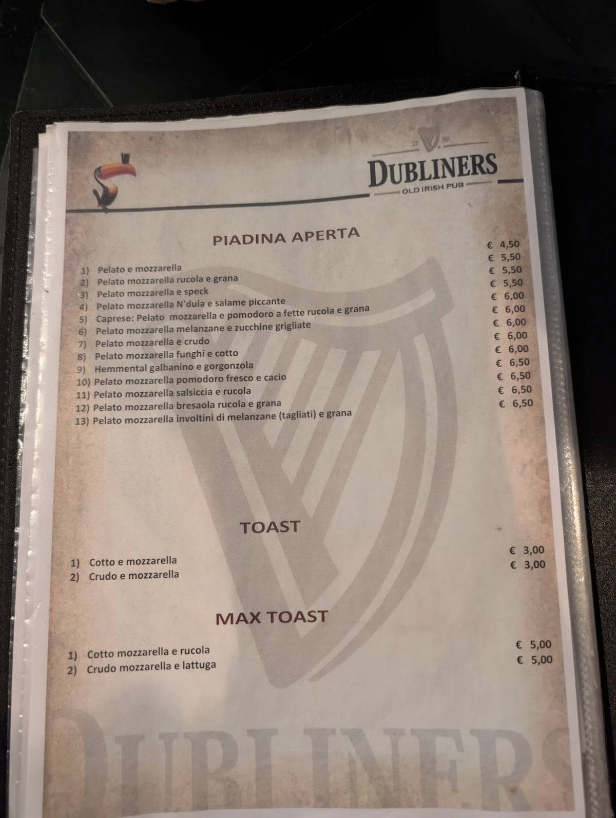 Menu di Dubliners Pub 