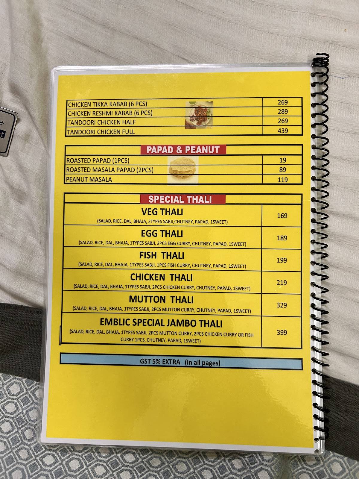 Emblic Hotel and Restaurant menu