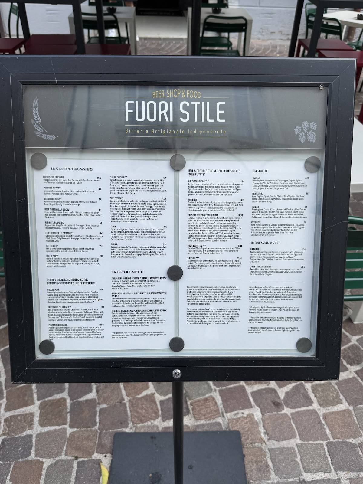 Menu di Fuori Stile - Birreria Artigianale Indipendente 