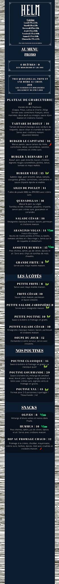 Menu de HELM - Microbrasserie sur Bernard