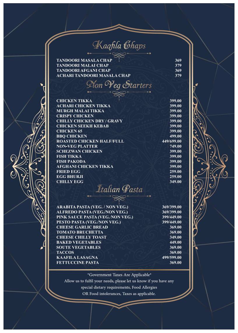 Kaafila Rooftop Club & Lounge menu