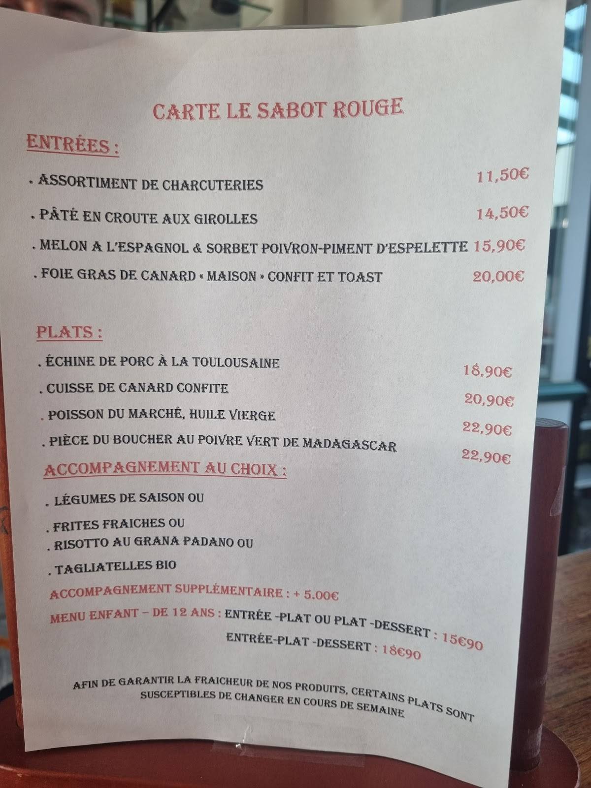 Menu de Le Sabot Rouge