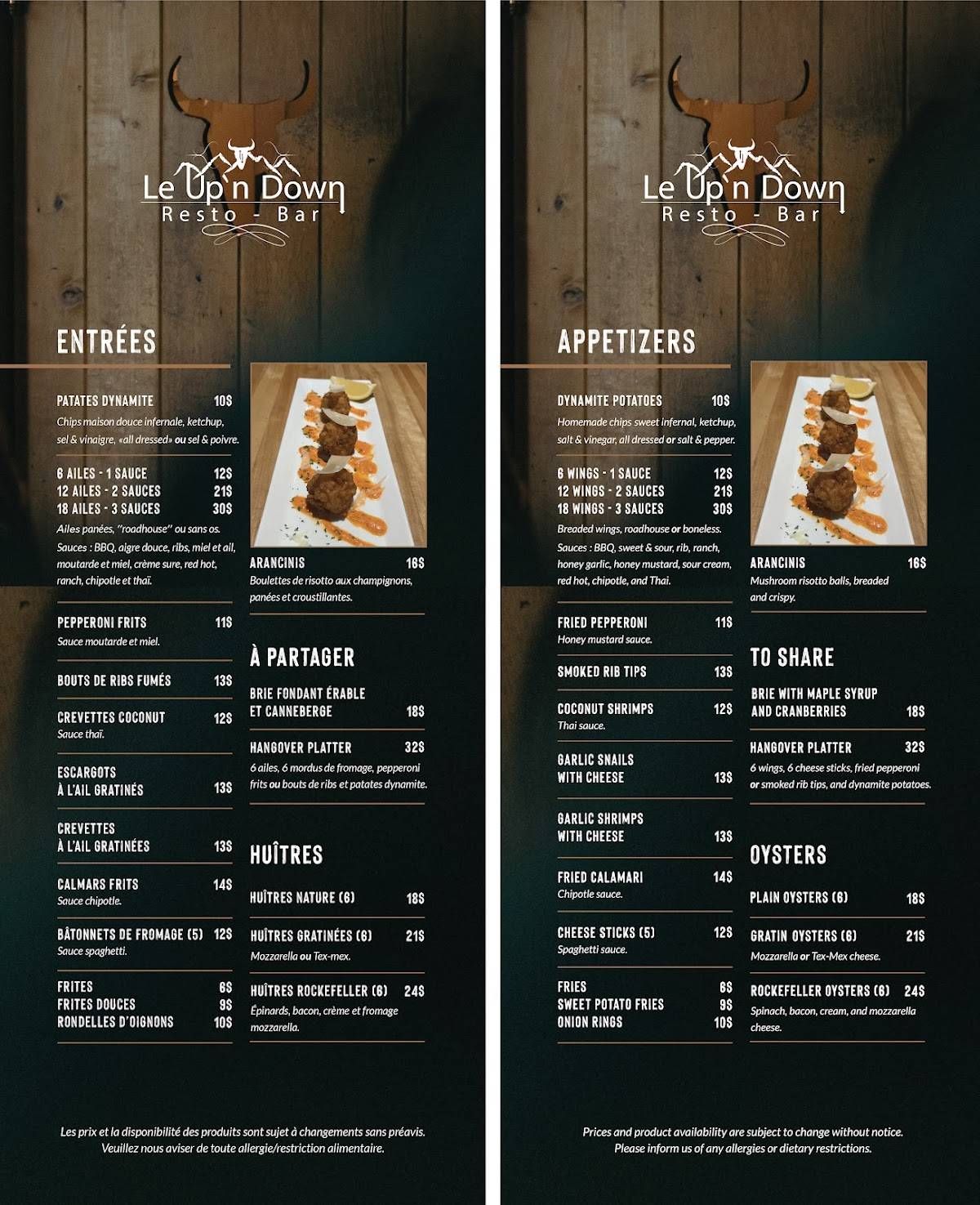 Menu de Le Up'n Down Resto-Bar