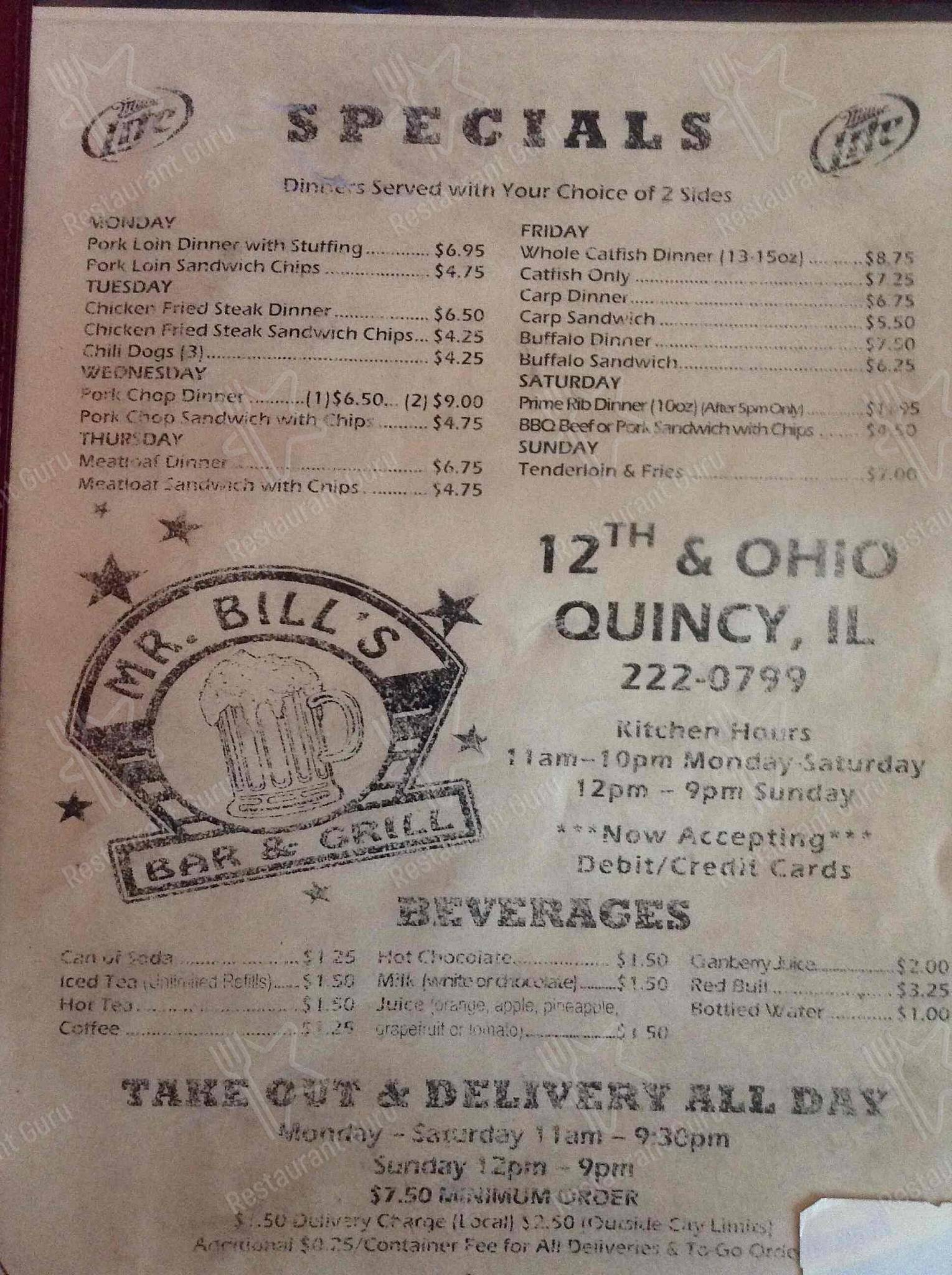 Menu at Mr Bill's Bar & Grill, Quincy